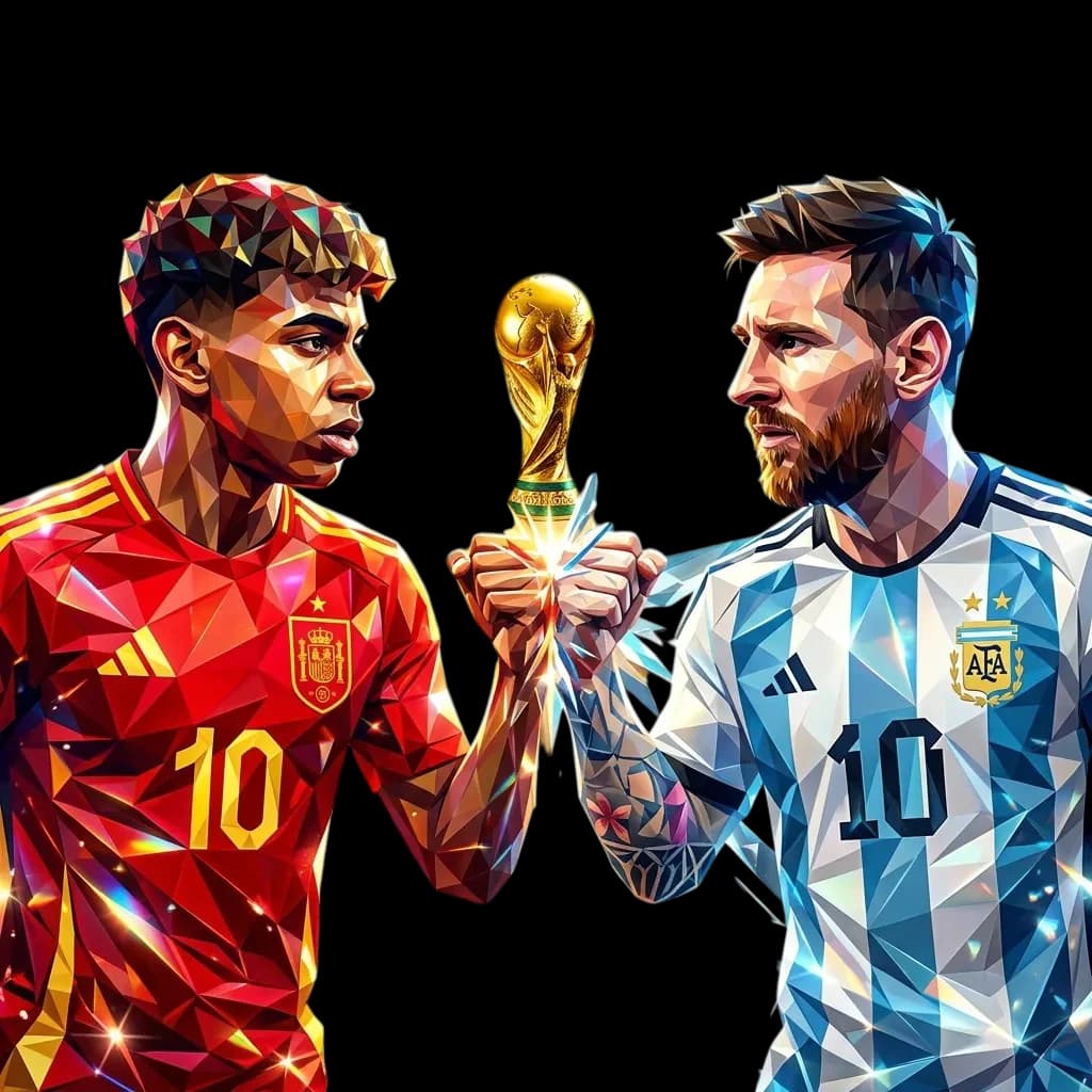 World Cup 2026 final artwork, Spain's Lamine Yamal facing Argentina's Lionel Messi holding the World Cup trophy