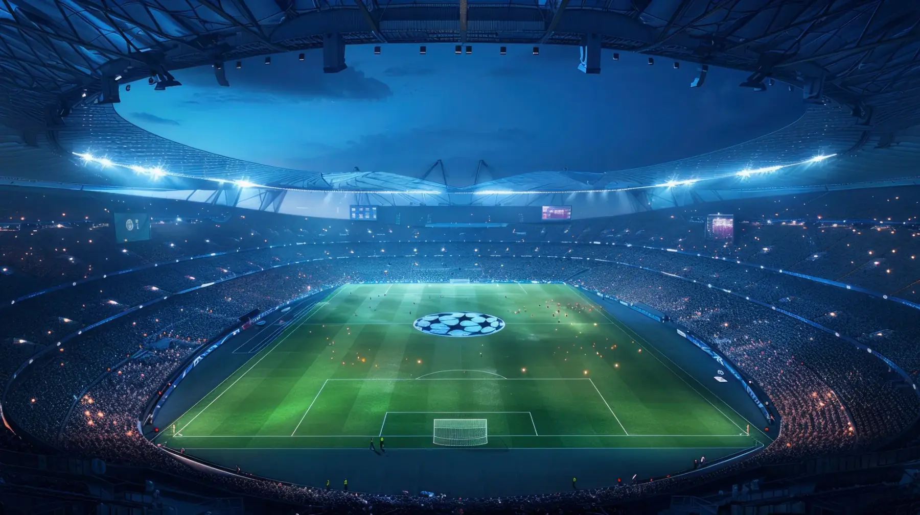 Floodlit football stadium packed with fans on a matchnight
