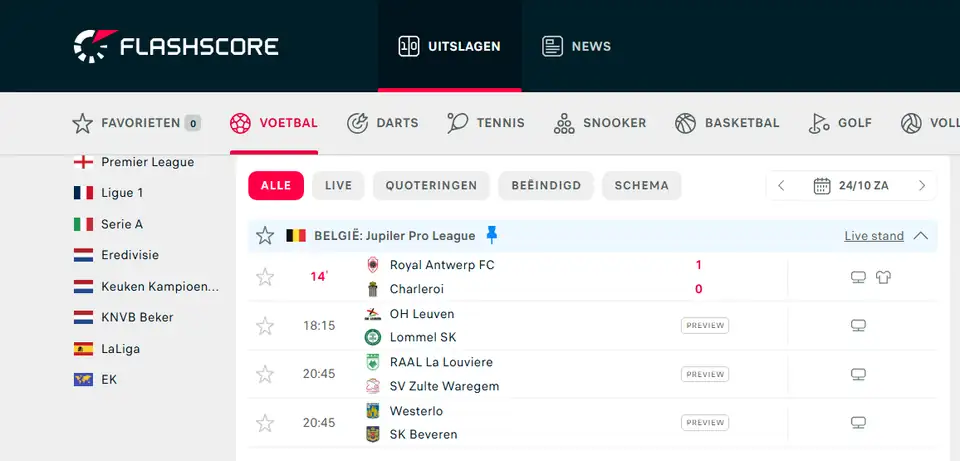 Flashscore homepage screenshot