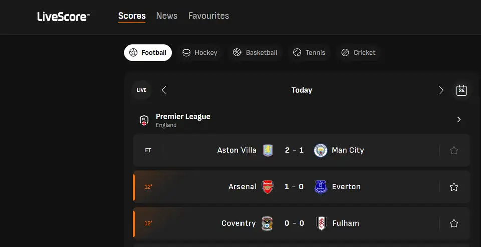 LiveScore homepage screenshot